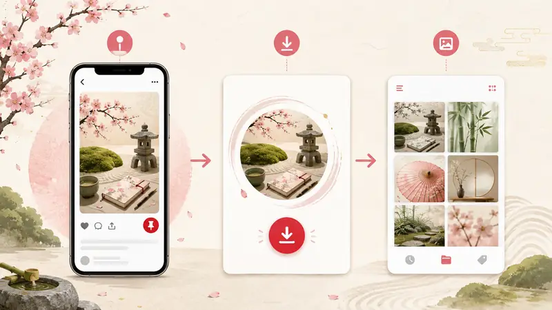 スマートフォンでPinterestのメディアをダウンロードして保存先を確認する流れ