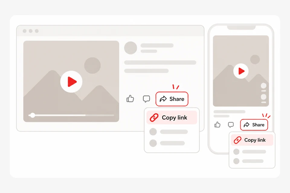 Facebook public video and Reel interfaces with Share and Copy link highlighted