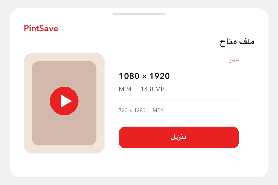 نتيجة PintSave باللغة العربية تعرض تنسيق MP4 والدقة وحجم الملف